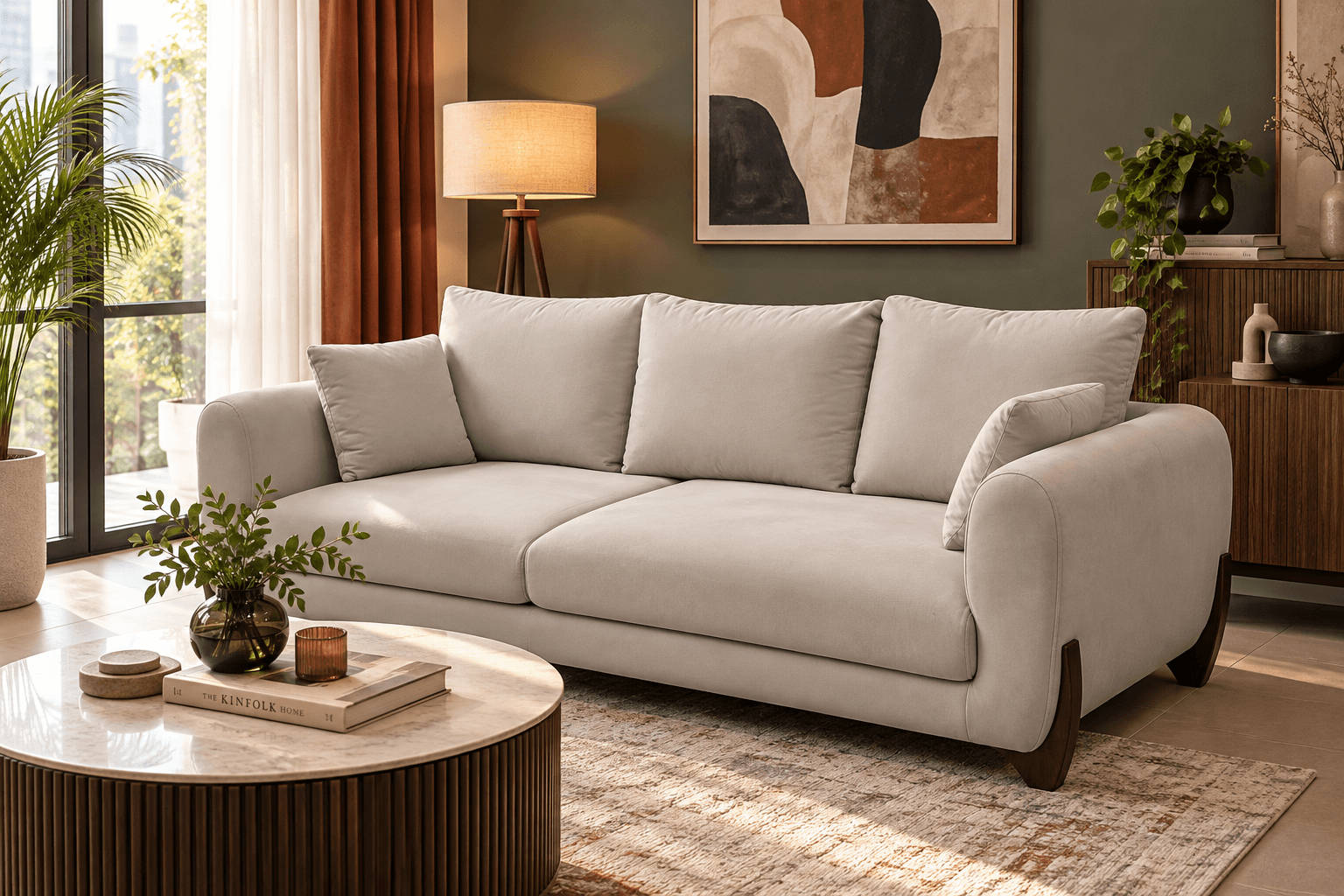 Warmly lit living room with a custom sofa